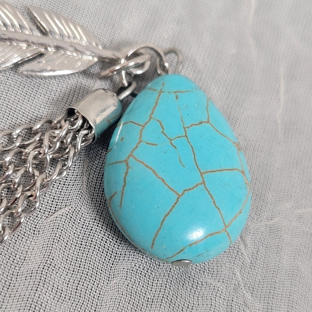 Feather Tassel Pendant Silver Tone Blue Stone Southwestern Style Bohemian - Picture 2 of 4